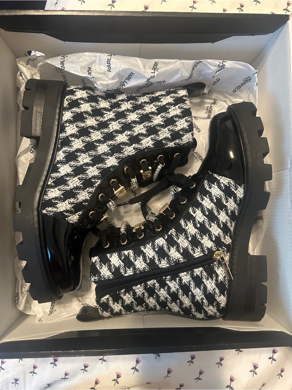 Karl Lagerfeld Houndstooth Boots with shoelace charms